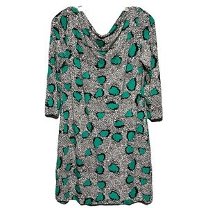 Diane Von Furstenberg Black White and Teal Patterned Cowl Neck Dress